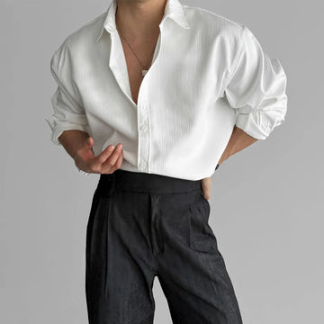 Riolio Lapel Pit Stripe Texture Long Sleeve Shirt Men's Casual Business Shirt High-end Drapery Light Versatile Top Male Blouse